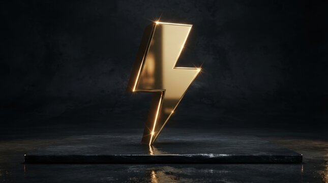 Striking golden 3D lightning bolt graphic with metallic shine and dramatic lighting perfect for web banners, app icons, branding, and creative marketing backdrops.