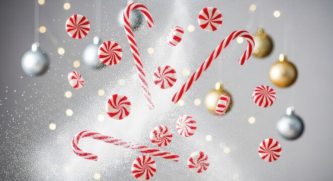 Vibrant candy canes and red peppermint drops fly through a flurry of powdered sugar against a festive backdrop with shimmering ornaments, wallpaper, powder, bokeh