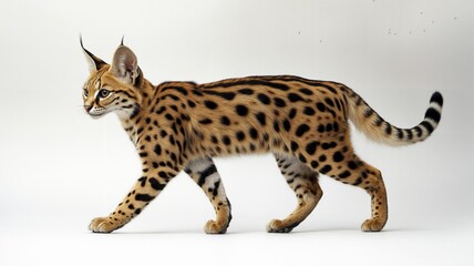 Fototapeta premium An African Serval isolated against a white background. Domesticated cat. Carnivore. Wild animal, AI generated