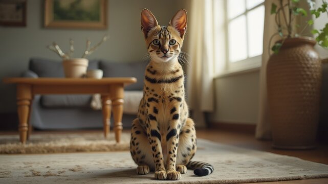 A domesticated serval sitting in its owner's living room. Natiive to Africa. A carnivore. Black spots on its fir, a long nec, and large ears, AI generated