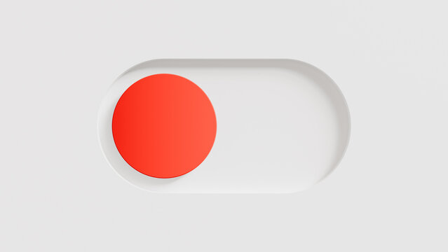 Minimalist 3D toggle switch button in inactive off position, red slider on white matte plastic background, simple user interface element for website dashboard and mobile app UX UI digital design