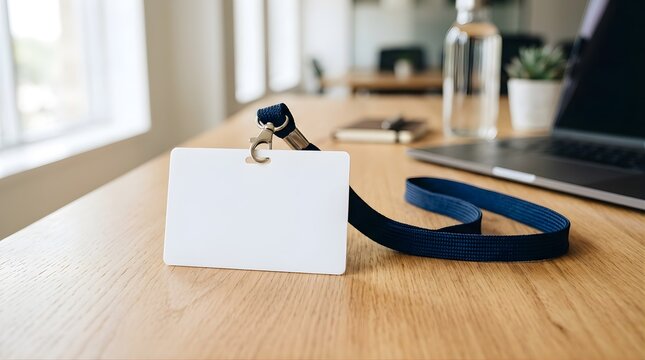Blank identification badge with blue lanyard on a wooden office desk