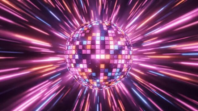 Neon disco ball with hypnotic light speed trails, retro party background, abstract motion for music and nightlife events
