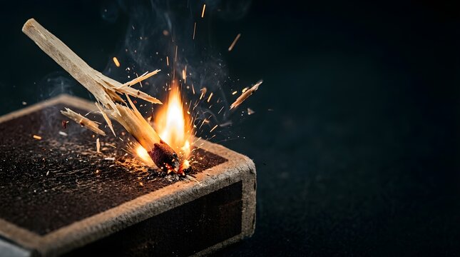 Broken matchstick igniting with sparks on a matchbox in the dark