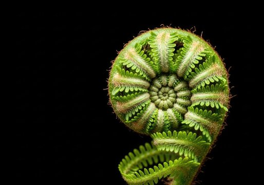 A macro shot of a vibrant green young fern fiddlehead unfurling its spiral shape against a solid black background, showcasing fine detail, coiled, nature, vibrant