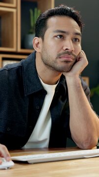 Bored, businessman and lazy with computer in office for unproductive day or fatigue in workplace. Frustrated, man or employee with negative attitude or technology for difficult tasks or deadline