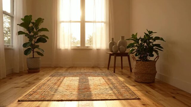 Cozy living room interior with golden hour sunlight, potted plants, and vintage rug interior home decor