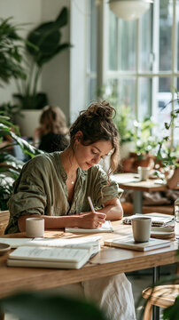 Creative Focus: A young woman engrossed in writing, surrounded by lush indoor plants and natural light, in a serene cafe setting. She is focused on her work.