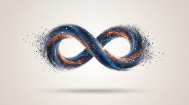 Infinity symbol shaped cosmic nebula dissolving into particles against a plain light gray background