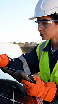 Female technician reviewing solar installation details thoroughly. Female professional conducting performance assessment on solar panels using digital device and protective clothing