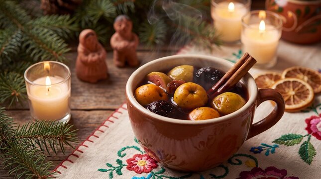 Traditional Mexican Ponche Cup Close-Up With Fruit And Cinnamon For Las Posadas Christmas Drink And Warm Holiday Celebration