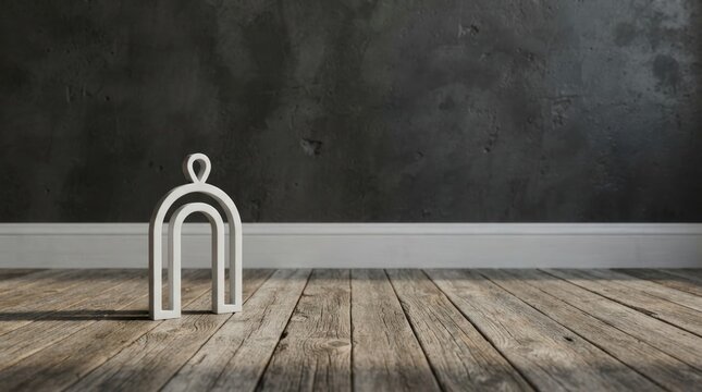 Elegant white arch symbol on rustic wooden floor with dark textured wall backdrop ideal for modern branding logos web banners marketing materials.