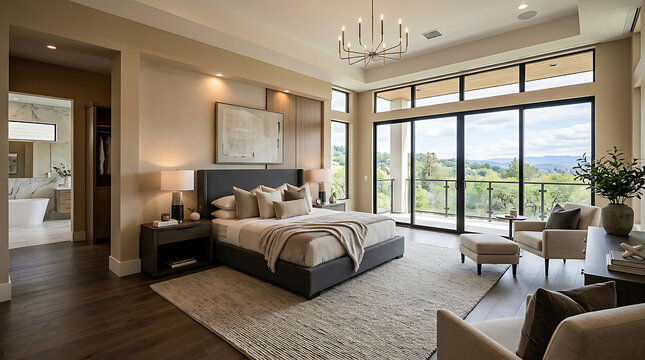 Luxurious modern bedroom with large windows and natural light.
