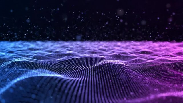 Abstract digital data wave background, with glowing particles, blue and purple, neon technology motion