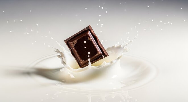 A vibrant high-speed capture of a dark chocolate piece splashing into a pool of creamy white milk creating elegant swirls and tiny droplets, flavor, movement, dynamic