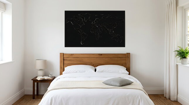 Minimalist bedroom with wooden bed and starry wall art.