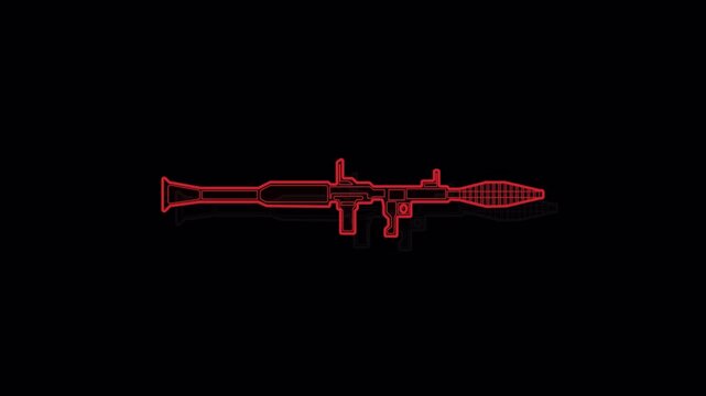 Neon Red Rocket Propelled Grenade Outline Animation on Black Background.
