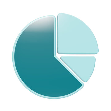 3D rendered pie chart icon with three distinct segments in shades of teal and light blue for financial data visualization isolated on a transparent background