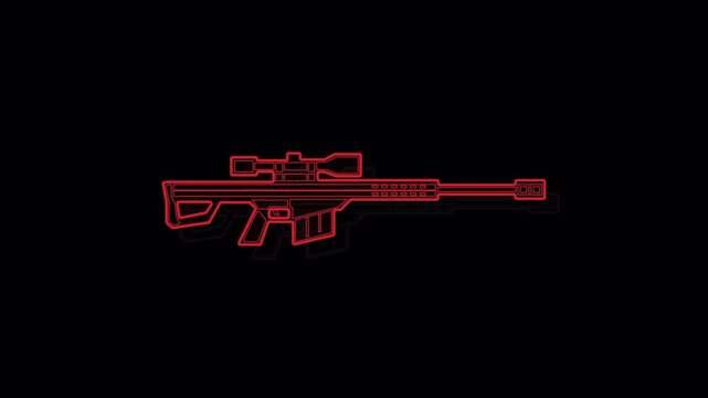 Neon Red Sniper Rifle Silhouette Animation on Black Background.