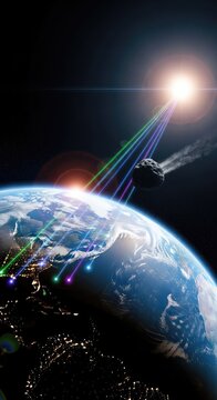 Cinematic view of planet Earth in deep space with a bright sun, approaching asteroid, glowing atmosphere, and sci-fi beams of light energy, danger, crisis, astronomy