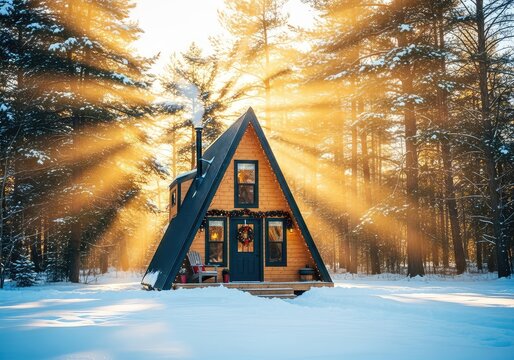 Cozy A-frame tiny home in deep snow under golden sun rays with festive Christmas wreaths and holiday lights in a serene winter landscape, architecture, snow, nature
