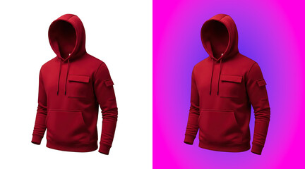 Red hooded sweatshirt with a front pocket and long sleeves, isolated on a white background, for casual sportswear, and apparel © SP Creative Lens
