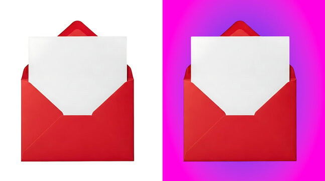 Red paper envelope with a large white blank card inserted, isolated on a white background, for mailing and, communication projects