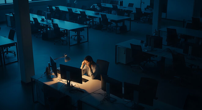 Exhausted businesswoman holding head at computer desk in dark empty office at night