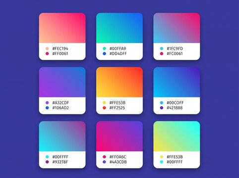 Vibrant gradient color palette set featuring nine distinct squares with corresponding hex codes displayed on a smooth deep blue background