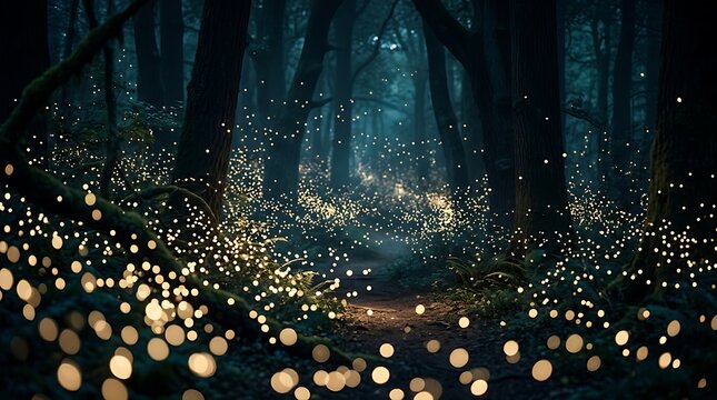 Magical fireflies glowing in a dark forest at night with bokeh light effects