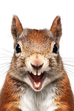 Funny squirrel smiling with open mouth and bushy fur on white background