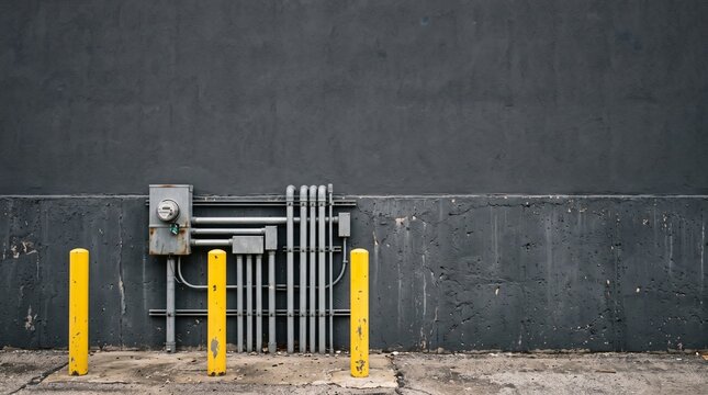 Industrial electrical meter box mounted on dark gray concrete wall featuring bright yellow safety bollards