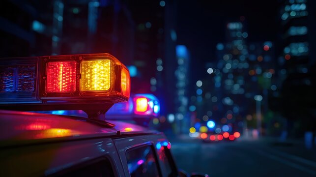 Close up of emergency vehicle light bar flashing red and blue on city street at night with blurred ambulance in background