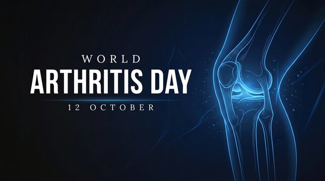 World Arthritis Day concept with glowing digital human knee joint anatomy on dark background