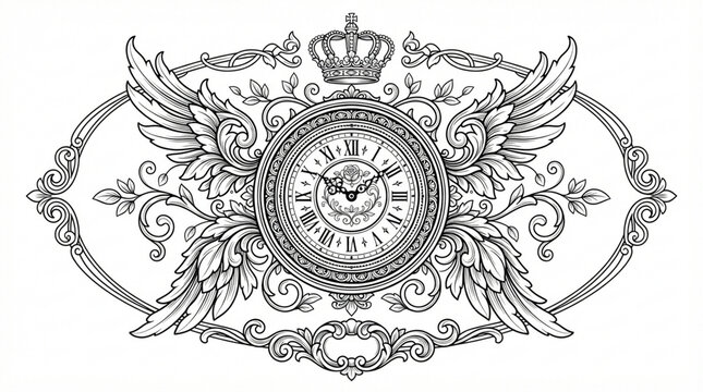 Vintage clock illustration with baroque ornament and crown and wings in black and white sketch style crown design angel wings sketch art antique design