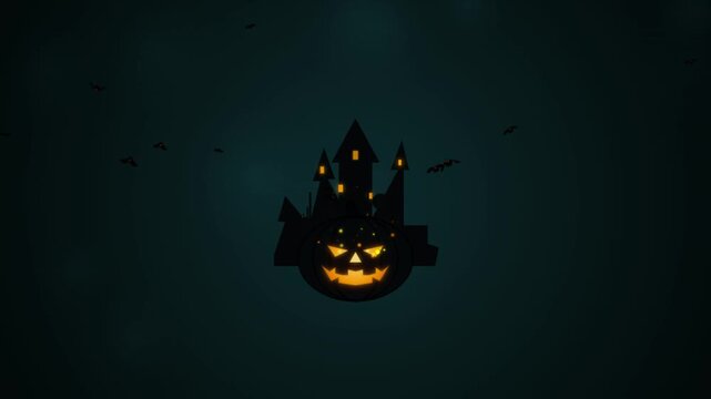 Cute Halloween pumpkin with bat, black cat, witch hat and moon on dark night background, spooky cartoon vector illustration for holiday celebration card design