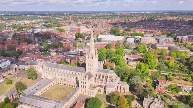 Aerial view towards the beautiful old Cathedral in Norwich in Norfolk, UK