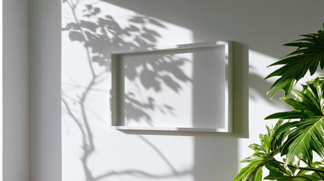 Minimal blank frame on white wall with leafy sunlight shadow