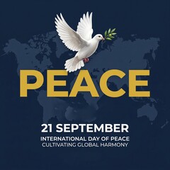 Obraz premium International Day of Peace poster with flying white dove and world map background