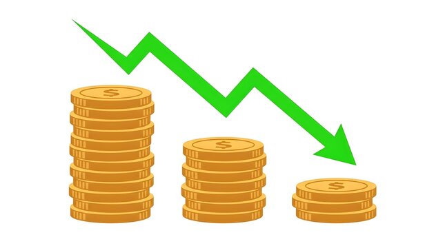 Financial Loss Concept with Declining Green Arrow and Decreasing Stacks of Gold Coins