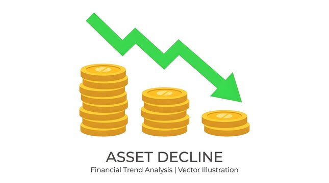 Financial Loss Concept with Declining Green Arrow and Decreasing Stacks of Gold Coins