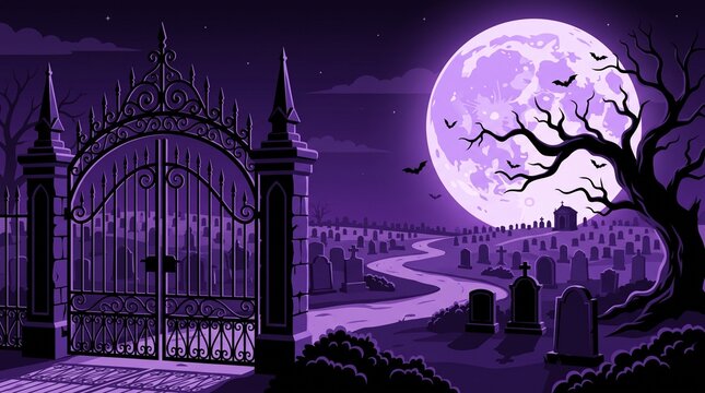 Spooky graveyard with ornate metal gates under a full moon in purple tones