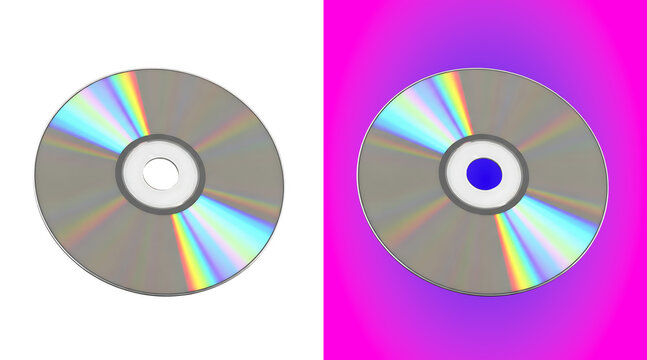 Shiny silver compact disc with a rainbow holographic surface, isolated on a white background, for media, music, and data storage concepts