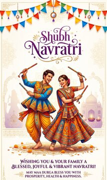 Shubh Navratri Greeting Card with Couple Performing Traditional Dandiya Raas Folk Dance