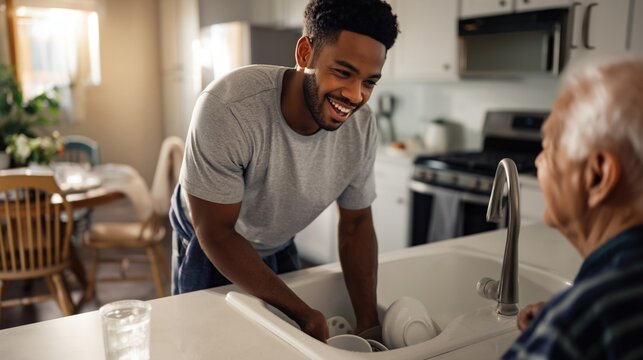 Young Black male caregiver helping an older man wash dishes together in a bright home kitchen