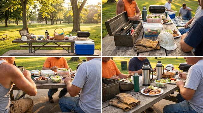 Middle-aged male construction crew enjoys grilled food picnic in sunny park after morning shift