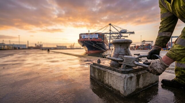 Dock worker securing a large container ship to a bollard at sunset in the harbor.