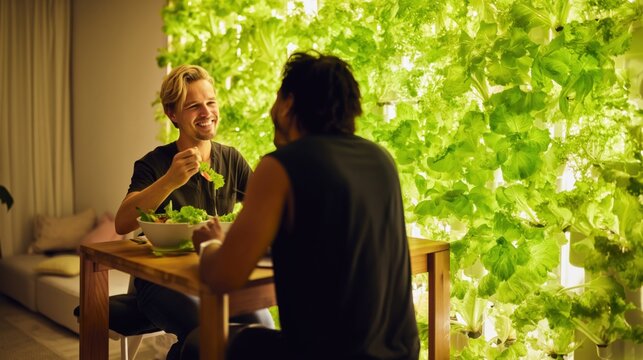 Young couple eating fresh salad together at wooden table in cozy restaurant with lush vertical hydroponic salad wall glowing behind them