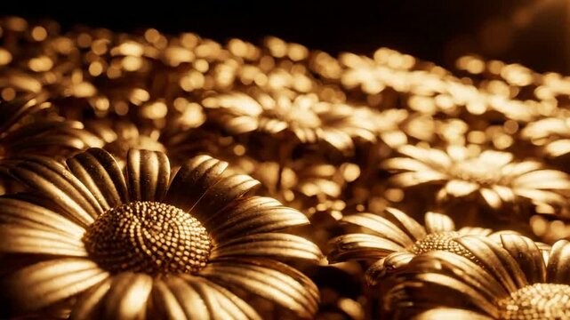 Golden daisy flower field background, metallic floral texture, abstract gold botanical motion for projects