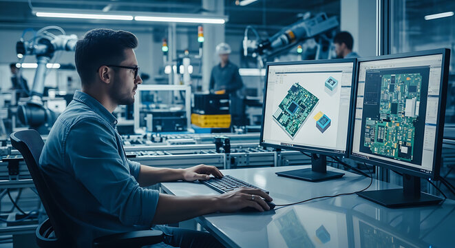 Hardware engineer designing microchip circuit board on dual computer monitors